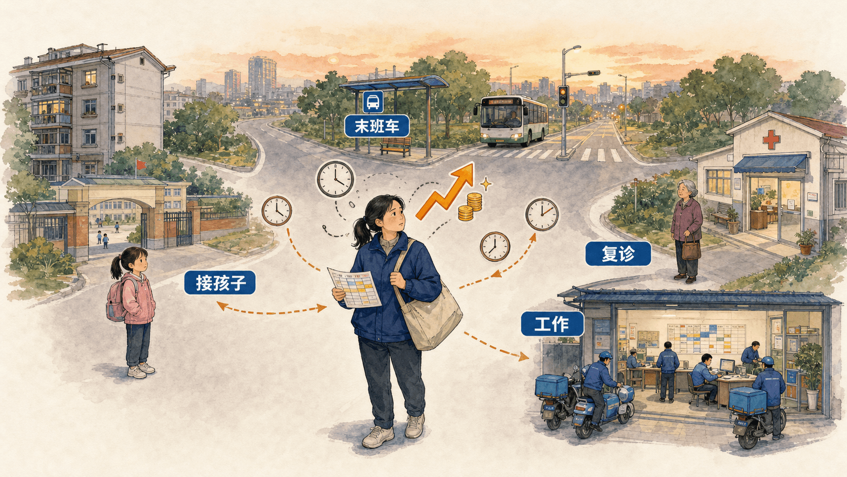 课程插图:章节开篇:城郊居民周岚在收入增加后仍需在接送孩子、陪诊、通勤与工作间奔走的生活地图,突出时间与选择受限