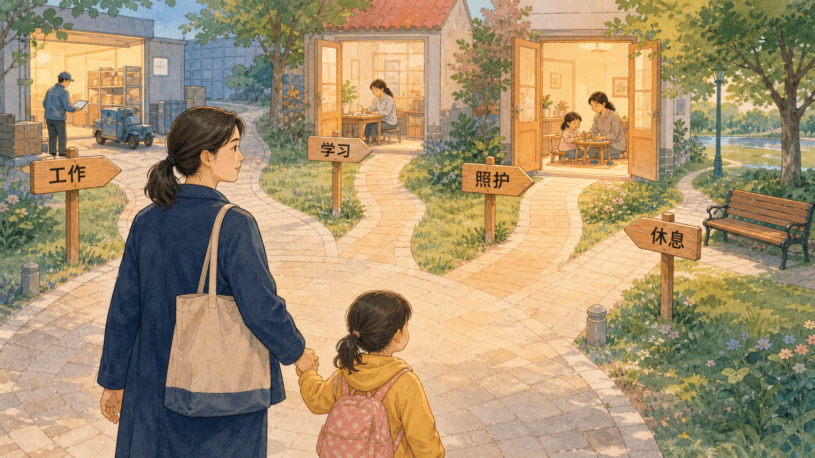 课程插图:福祉成就与福祉自由:一位居民面前有工作、学习、照护和休息四条道路,强调可选择并不等于必须同时完成