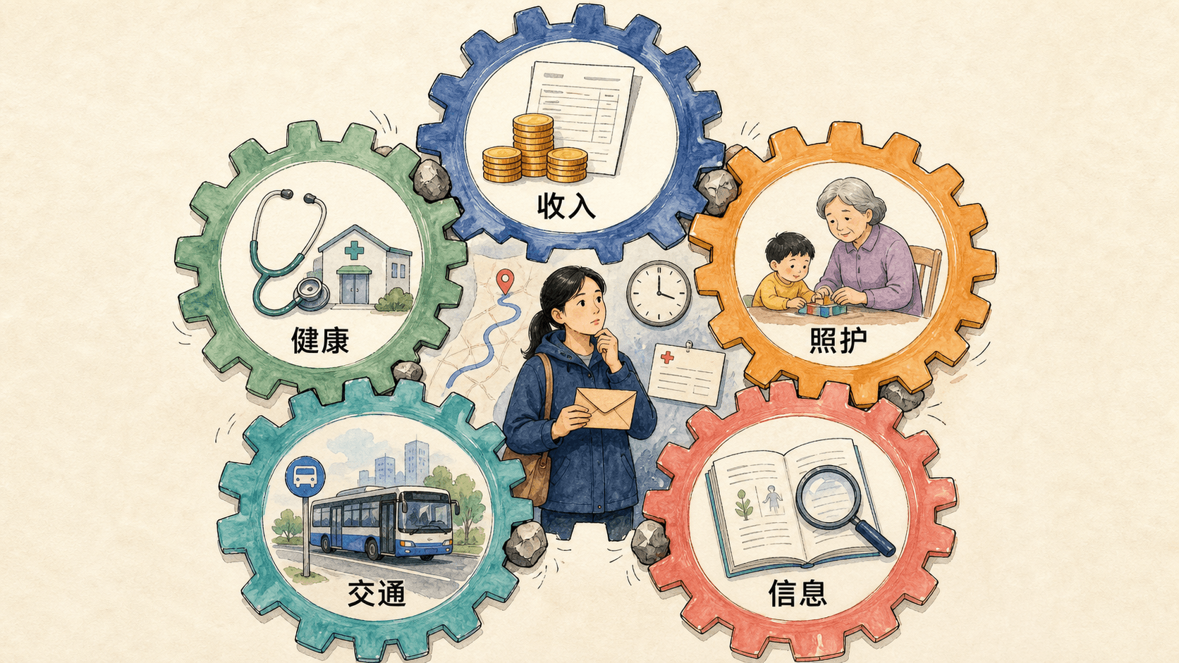 课程插图:能力贫困:将收入、健康、照护时间、交通可达性和信息理解力绘成相互卡住的齿轮,呈现单一补贴难以独自解决的问题