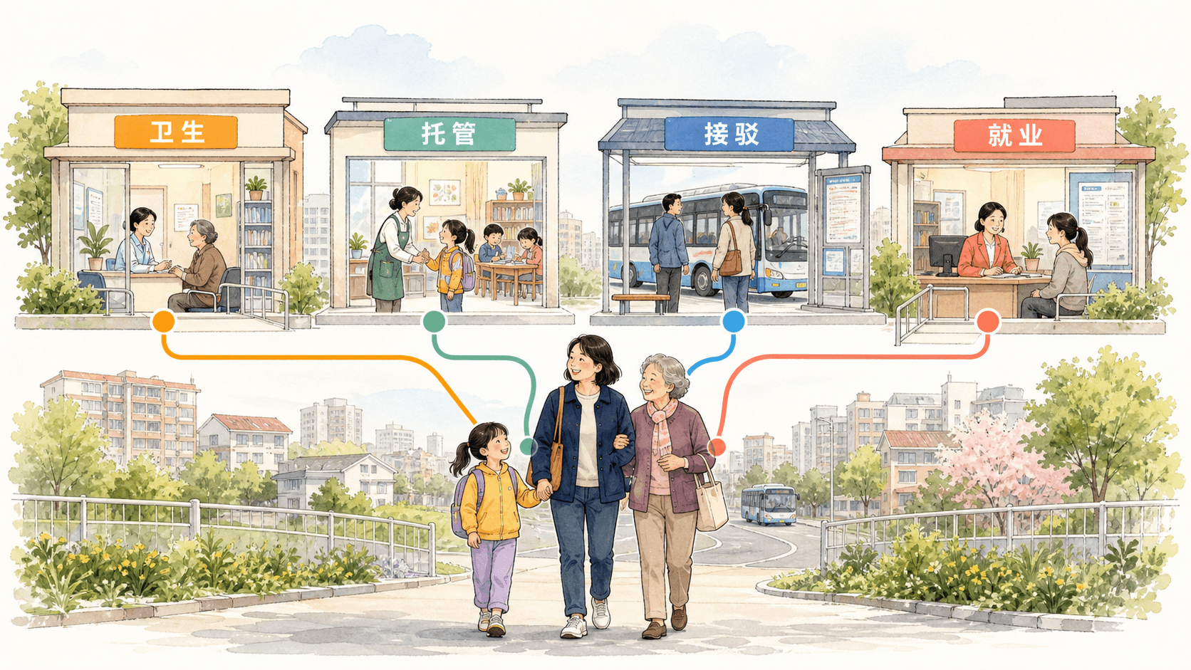 课程插图:公共服务协同:社区卫生、学校托管、公交接驳、就业服务四个节点共同托住一位居民的选择,体现跨部门协作