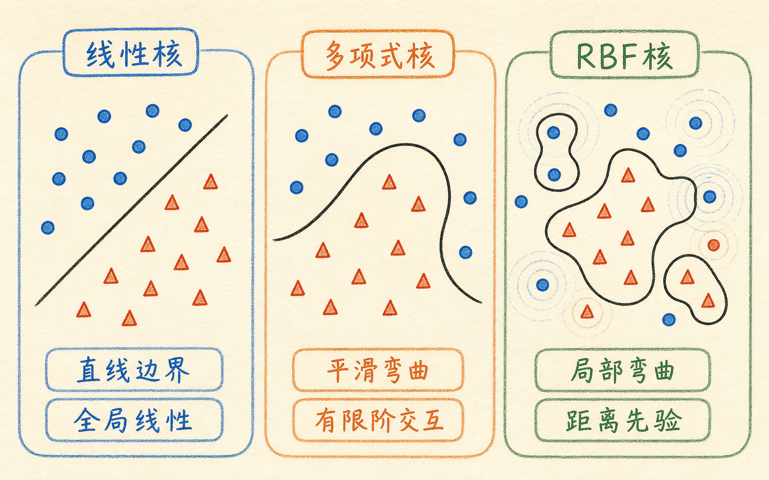 线性核、多项式核与 RBF 核的决策边界和先验差异