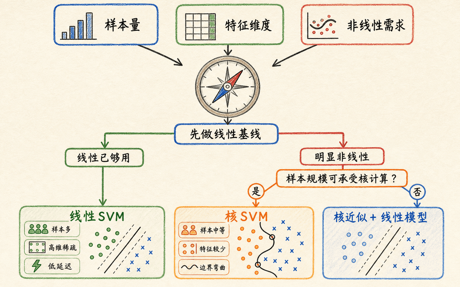 按样本量、特征维度与非线性需求选择线性 SVM 或核 SVM