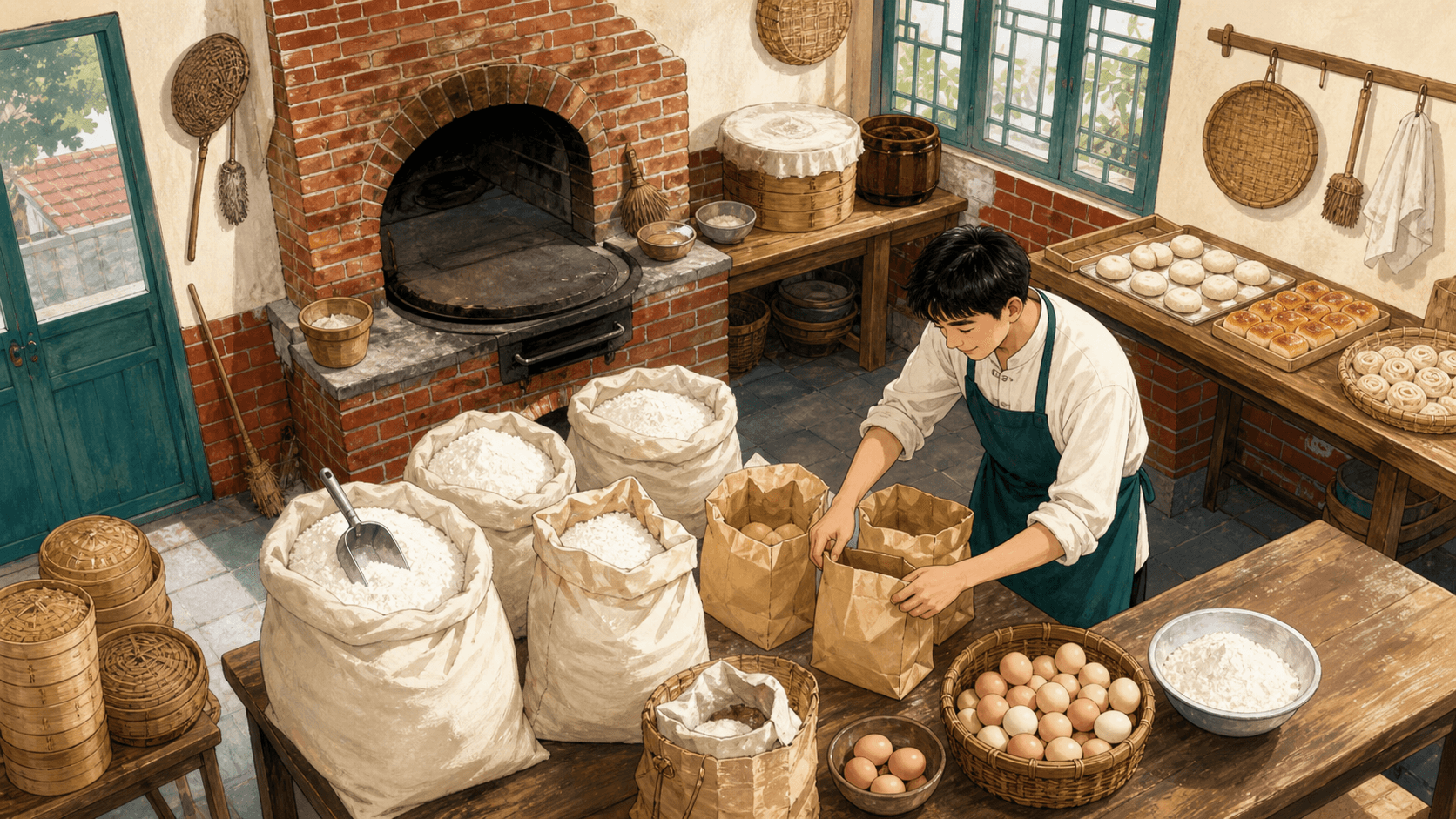 同一间烘焙操作间中固定的旧烤箱和店面与可增减的原料、包装和帮手形成对照