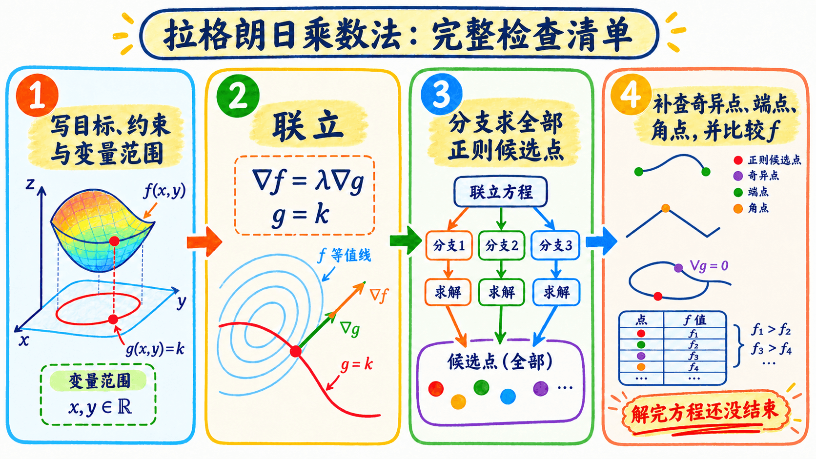 拉格朗日乘子法完整检查流程:写清目标、约束和变量范围,联立梯度与约束方程,分支求全正则候选点,再补查奇异点、端点和角点并比较目标值