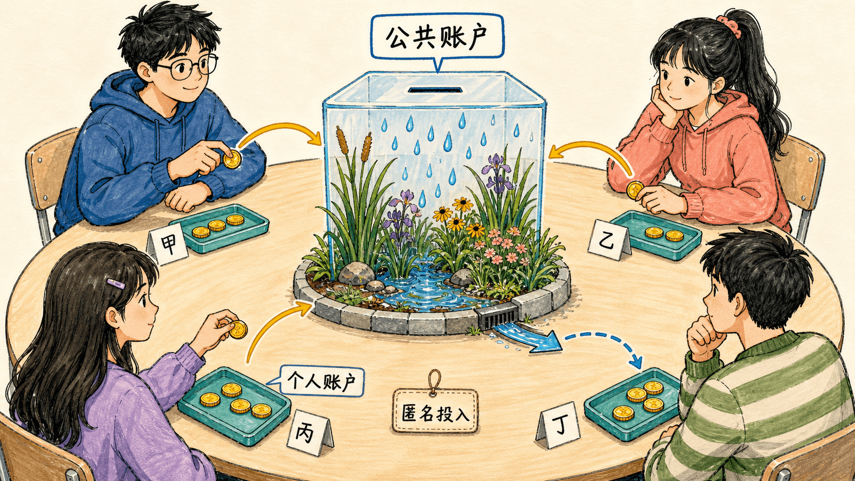 课程插图:章节开篇:四位匿名参与者围绕“校园雨水花园”公共账户作出投入选择的中文概念图,突出个人账户与公共账户的张力