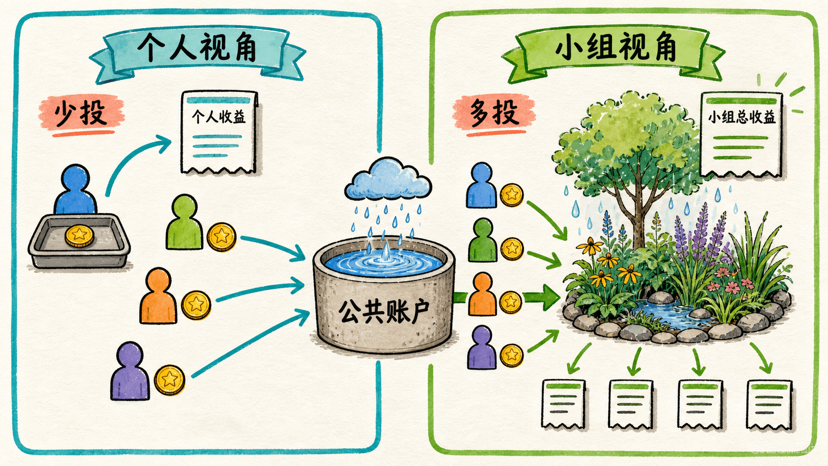 课程插图:规则讲解处:公共品实验的四人收益流示意,展示“个人少投更有利”与“共同多投总收益更高”的双重计算
