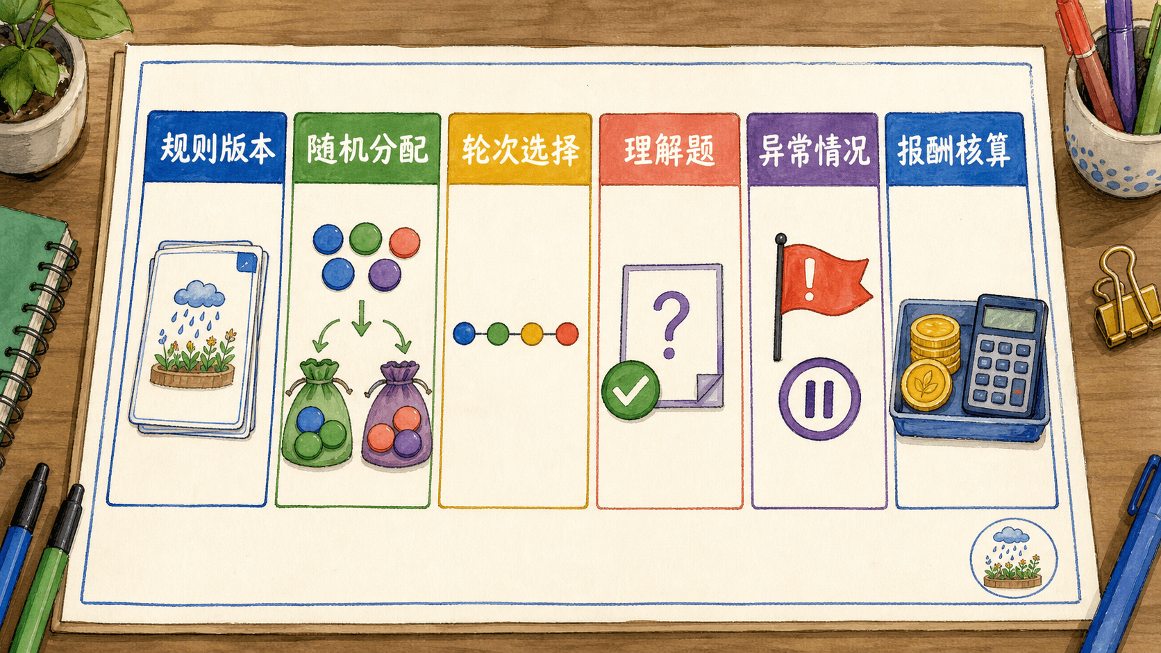 课程插图:数据方法段落:一页中文实验记录单的概念图,包含规则版本、随机分配、轮次选择、理解题、异常情况和报酬核算六个栏目