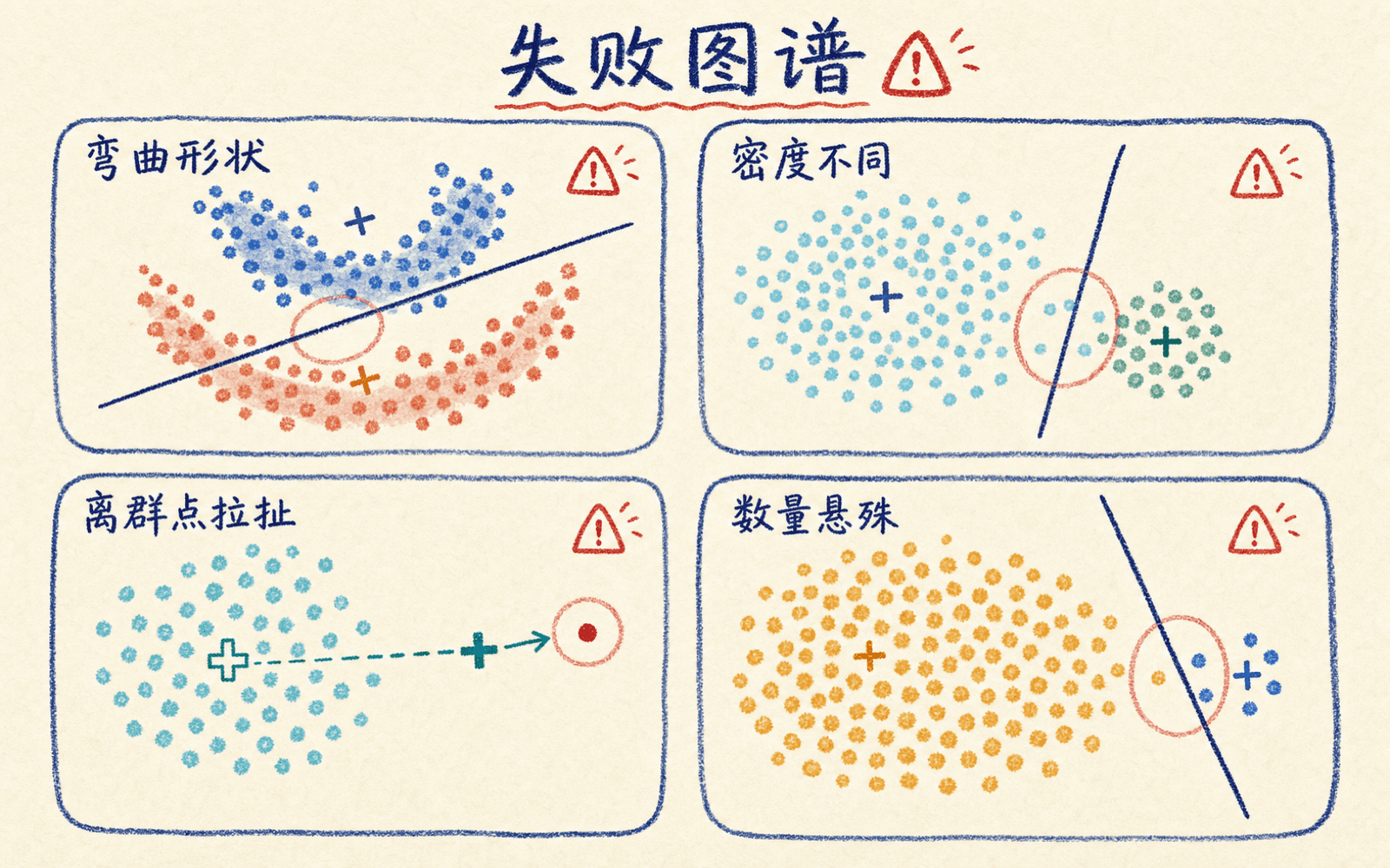 非球形、不同密度、离群点和簇规模不均等 K-means 失败模式