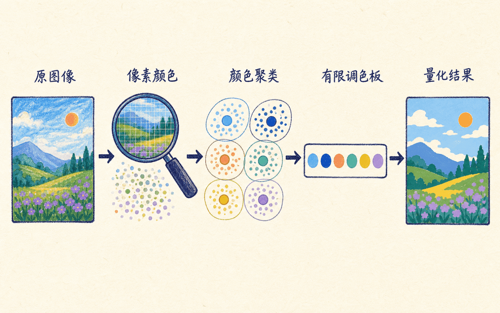 把图像像素颜色聚类成有限调色板的颜色量化流程