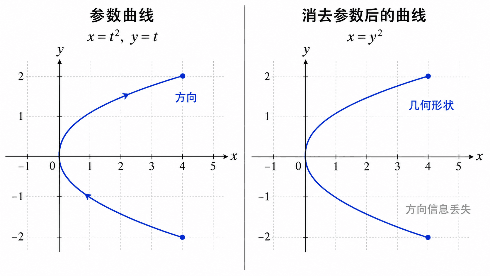 左右对照教学图:左侧参数曲线 x=t², y=t 带方向箭头,右侧消参后曲线 x=y² 只保留几何形状并标注方向信息丢失。