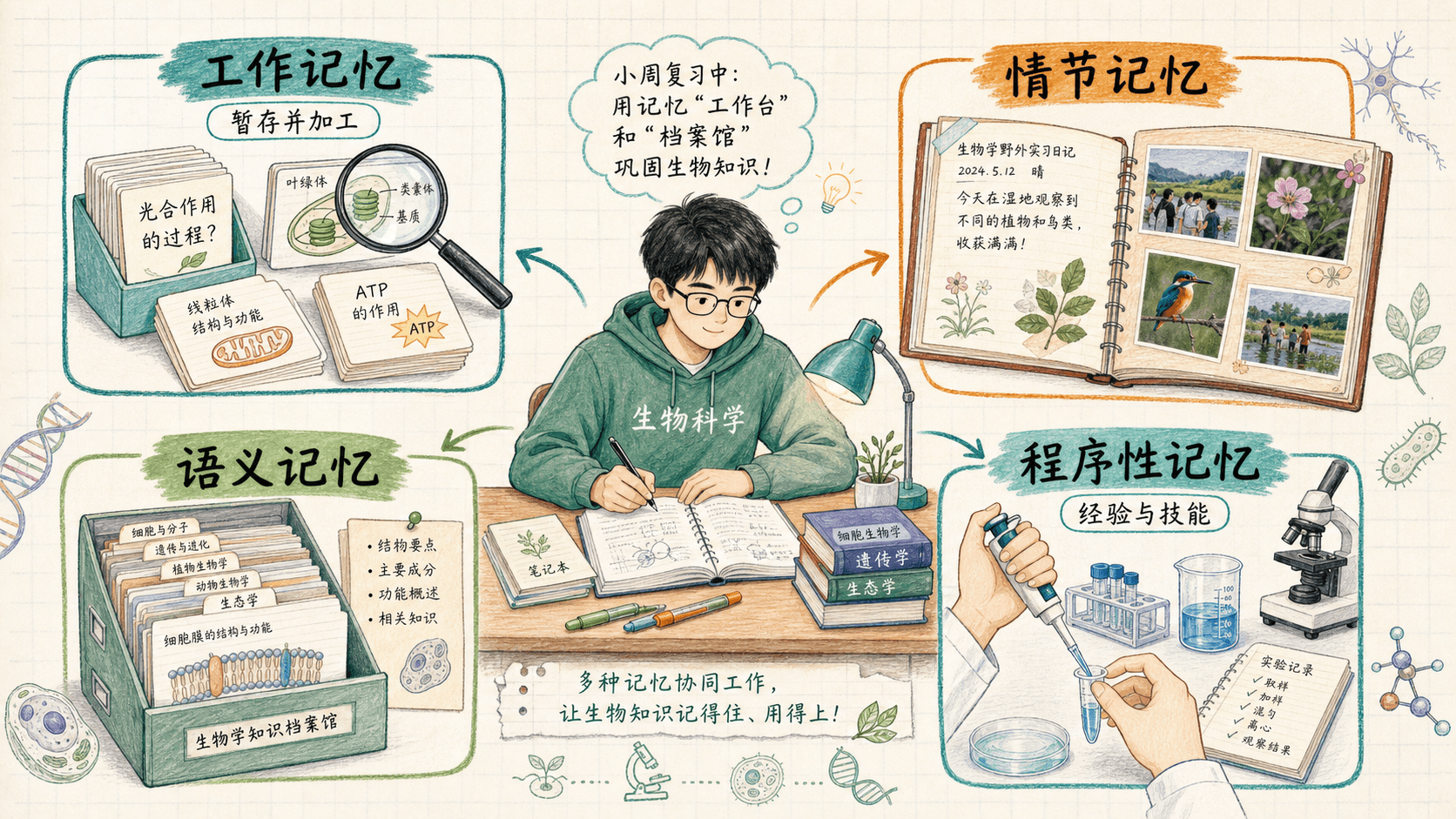 小周复习时四类记忆系统协作:工作、情节、语义与程序性记忆