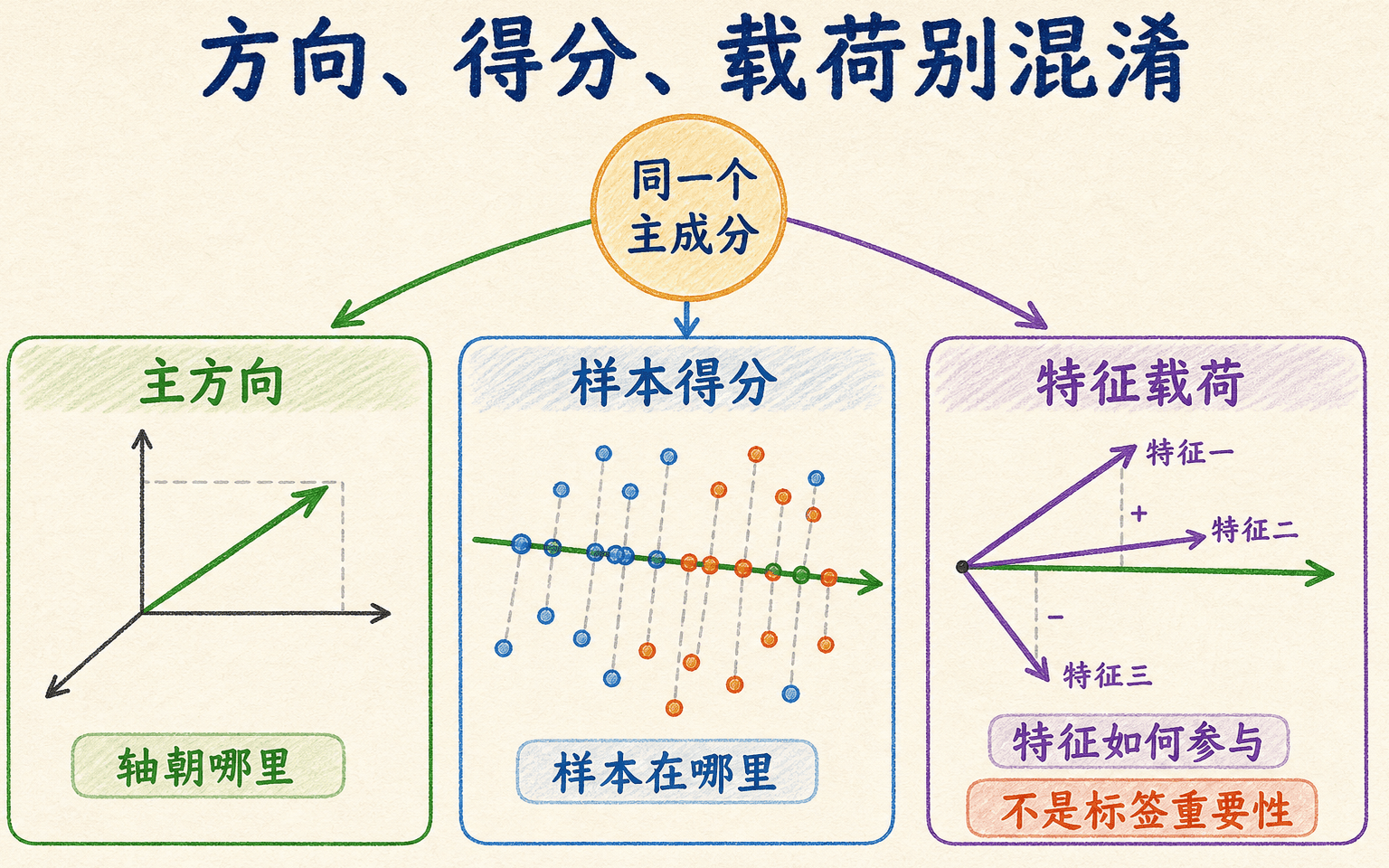 PCA 主方向、样本得分与特征载荷的对应关系