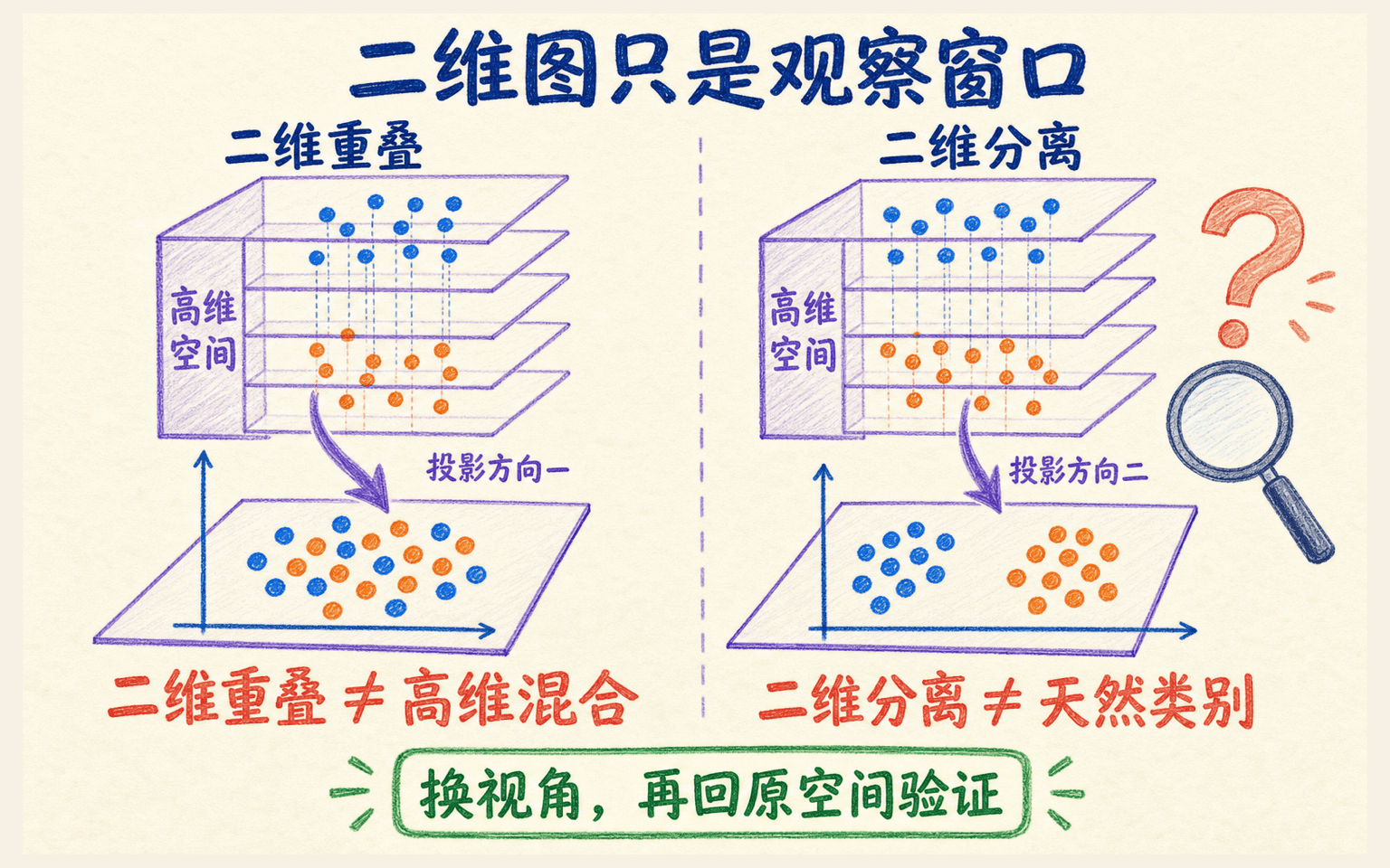 二维投影中的重叠或分离如何误导对高维结构的判断
