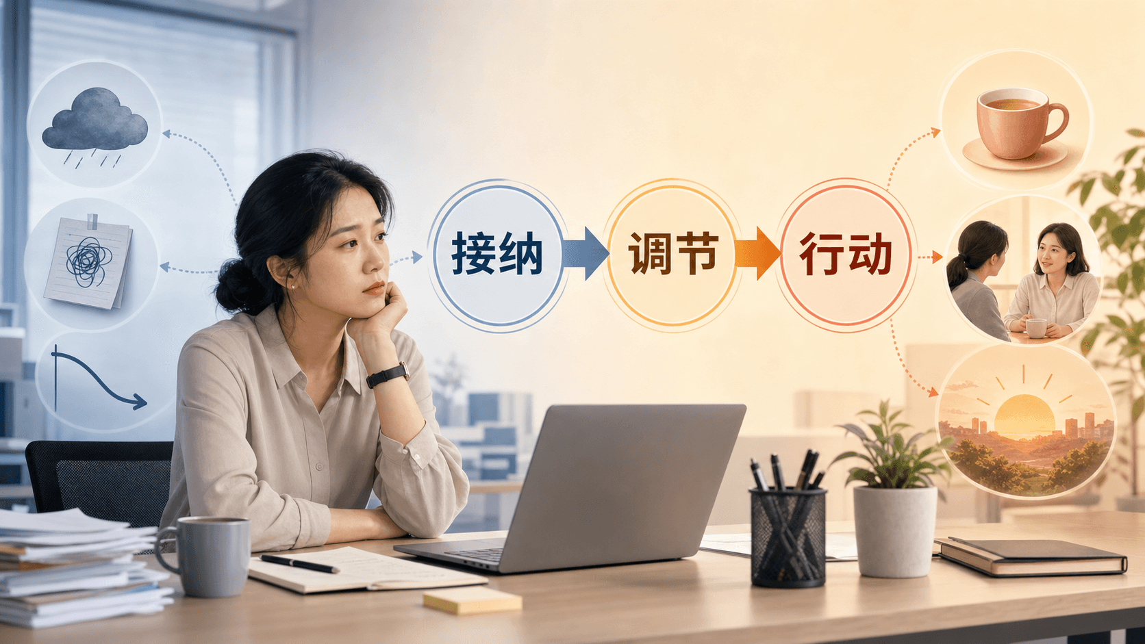 接纳、调节与行动路径的情绪支持信息图