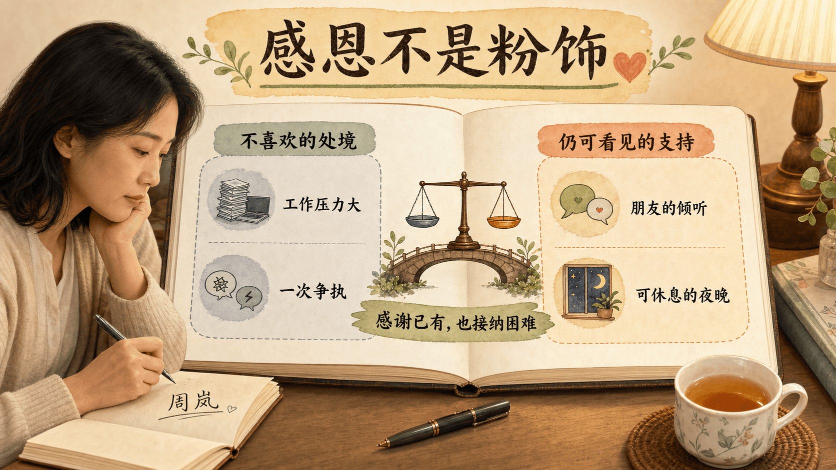 把困难处境与仍可看见的支持并列记录的感恩练习信息图