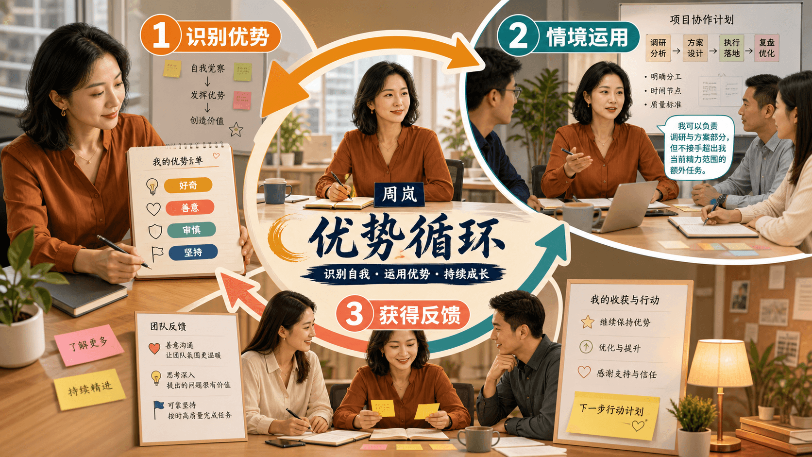 识别优势、按情境运用并通过反馈调整的实践闭环信息图