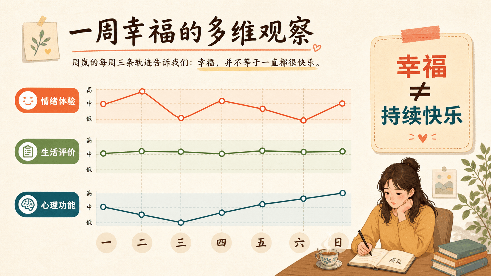一周幸福的情绪体验、生活评价与心理功能三维观察信息图