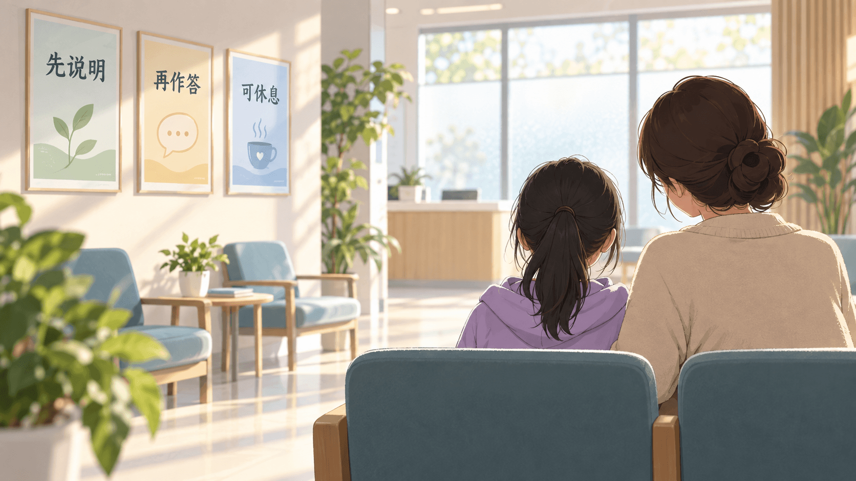 两名人物背对镜头坐在安静等候区,墙面三张流程卡写着先说明、再作答、可休息