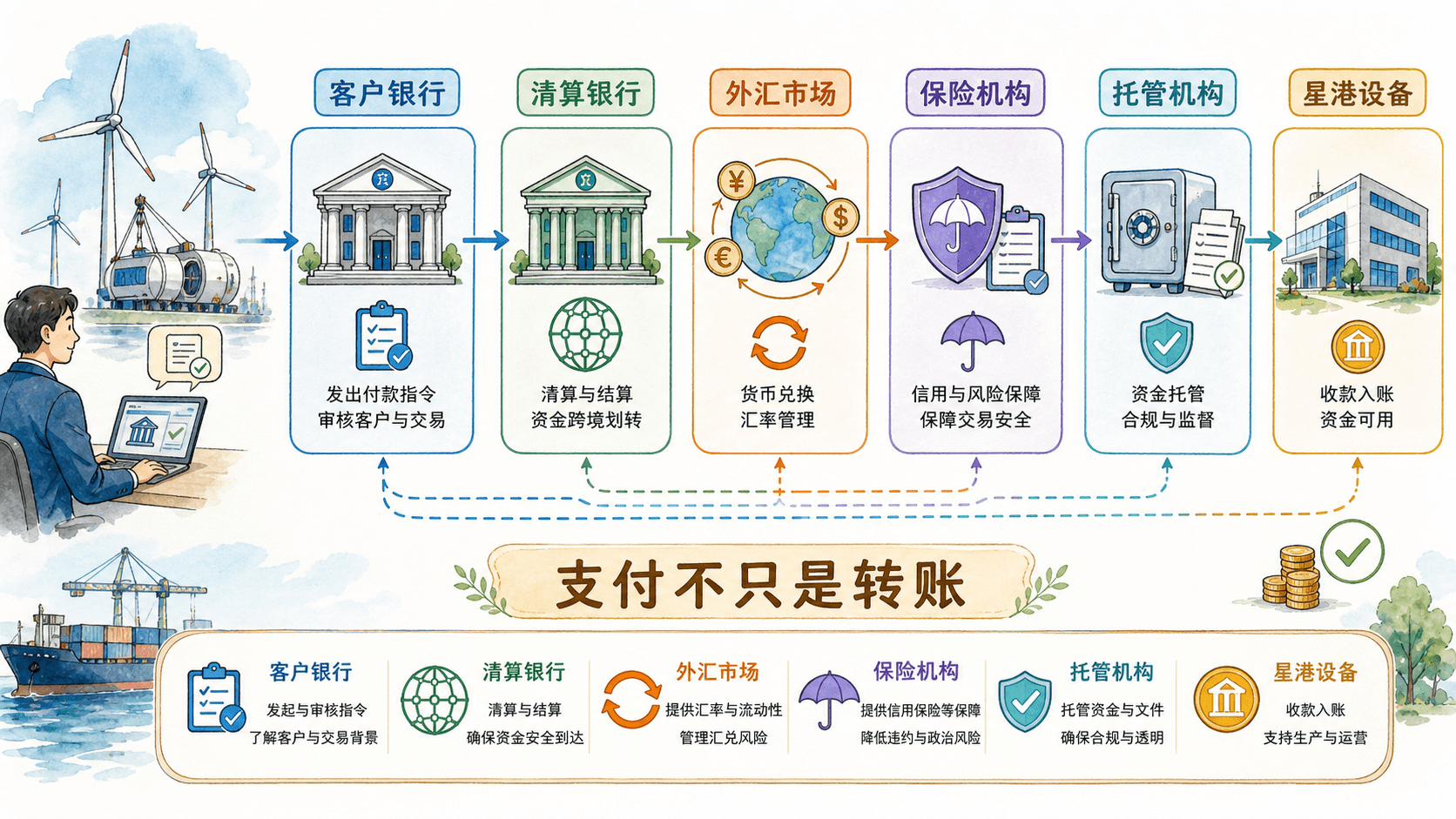 一笔跨境订单付款依次经过客户银行、清算网络、外汇、保险与托管环节,说明支付并非单点完成