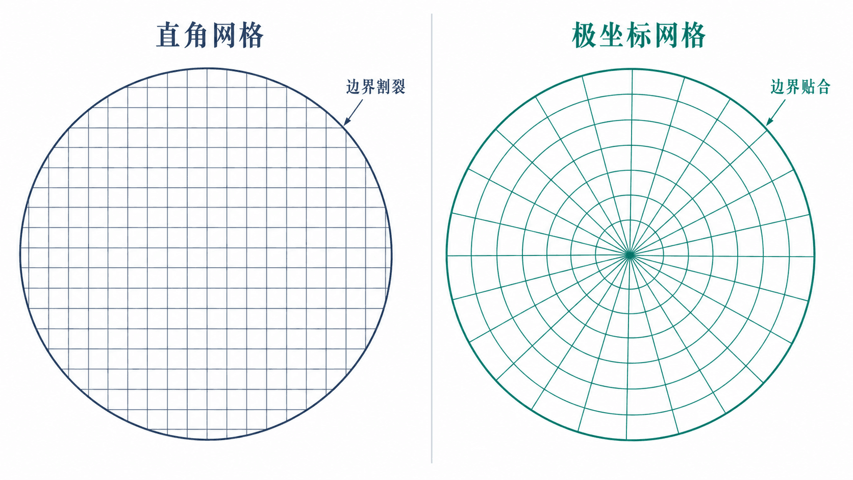 直角网格与极坐标网格在圆形区域上的适配对比图