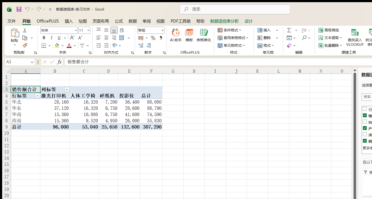 拖动字段后按地区和产品交叉汇总的透视表