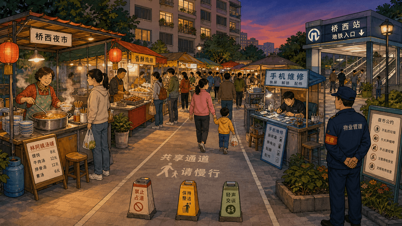 课程插图:桥西夜市的摊主、平台、顾客与社区管理者围绕收入、租金和劳动安排共同讨论规则