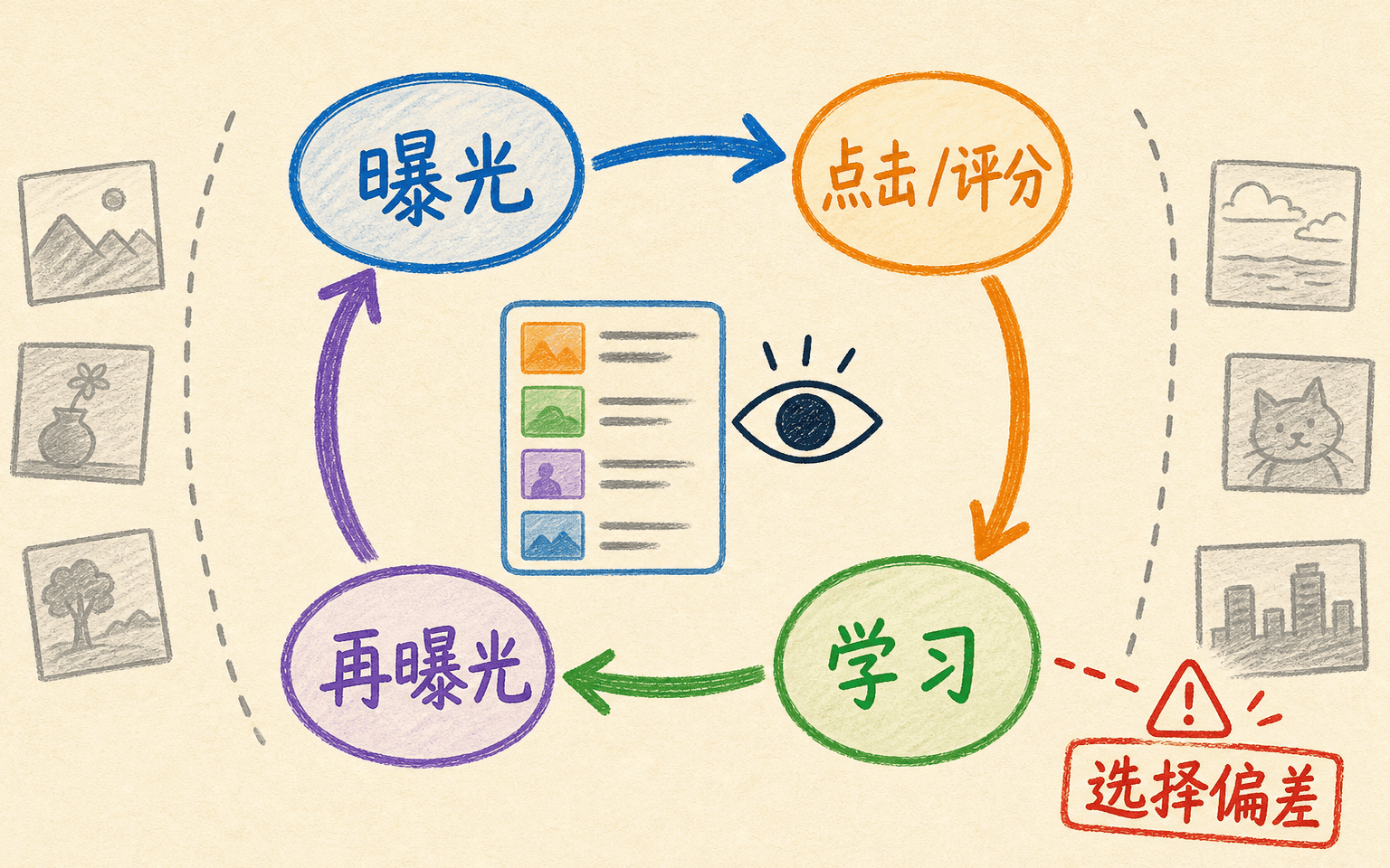 推荐系统中曝光、点击反馈、模型学习与再次曝光形成的闭环和选择偏差