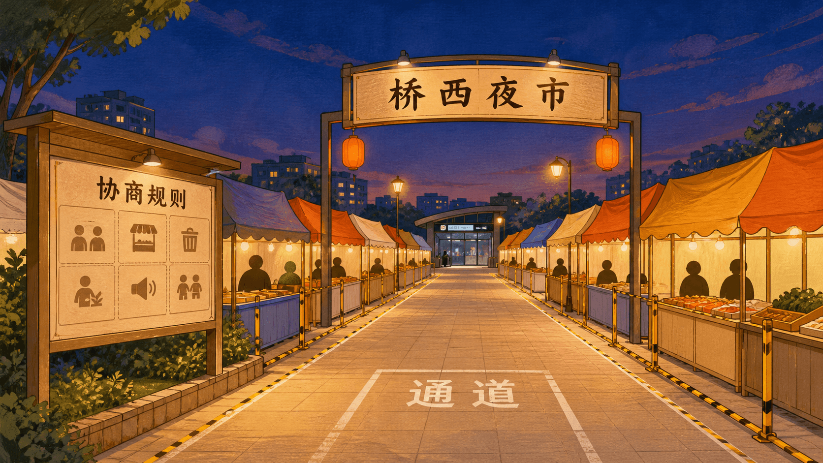 课程插图:章节开篇:桥西夜市的摊位、通道与规则公告栏,引出围绕有限空间的协商规则