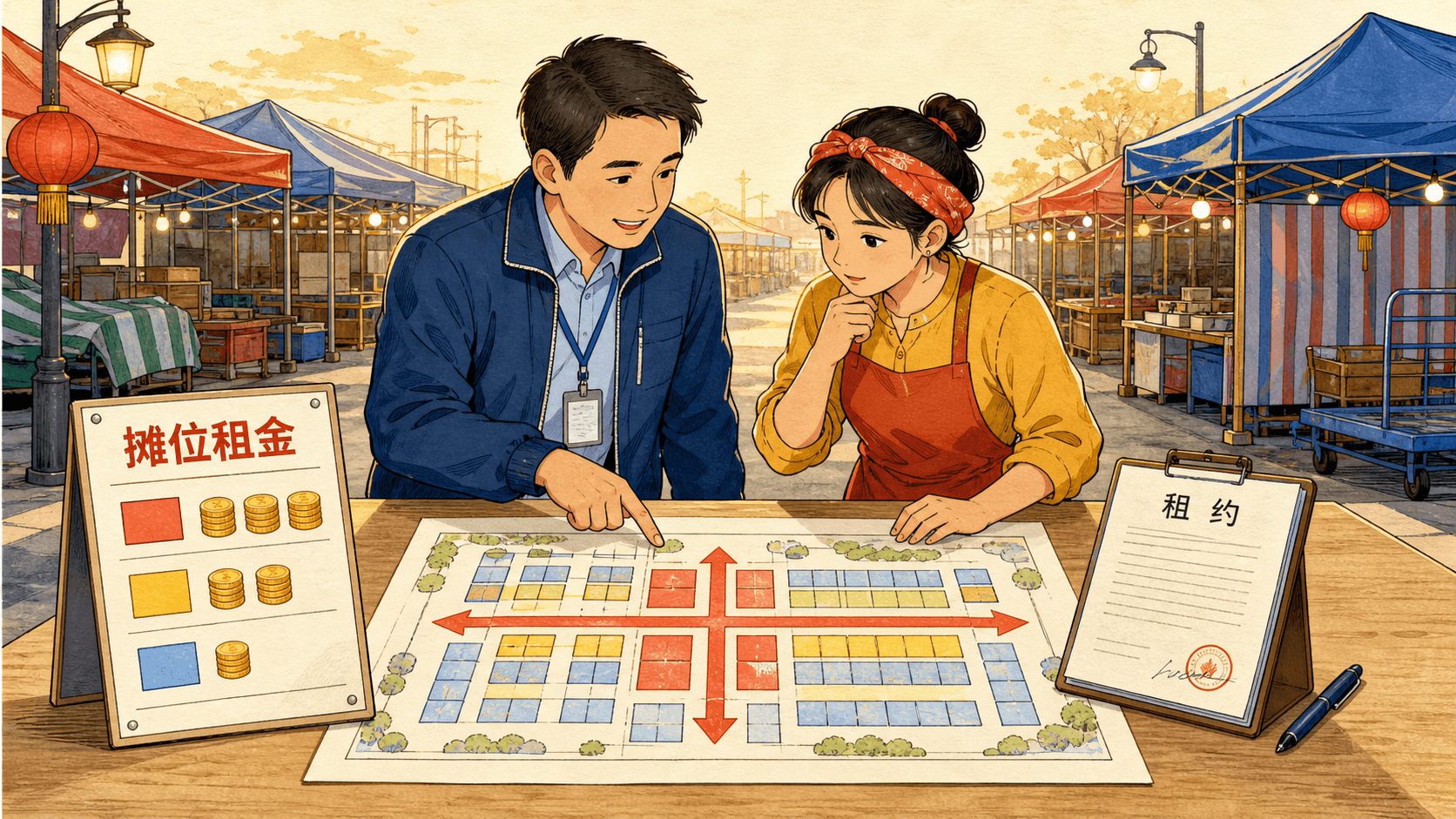 课程插图:交易成本可视化:以“找摊贩—核验质量—谈价格—履约—纠纷处理”为路径,展示时间、信息与风险如何累积
