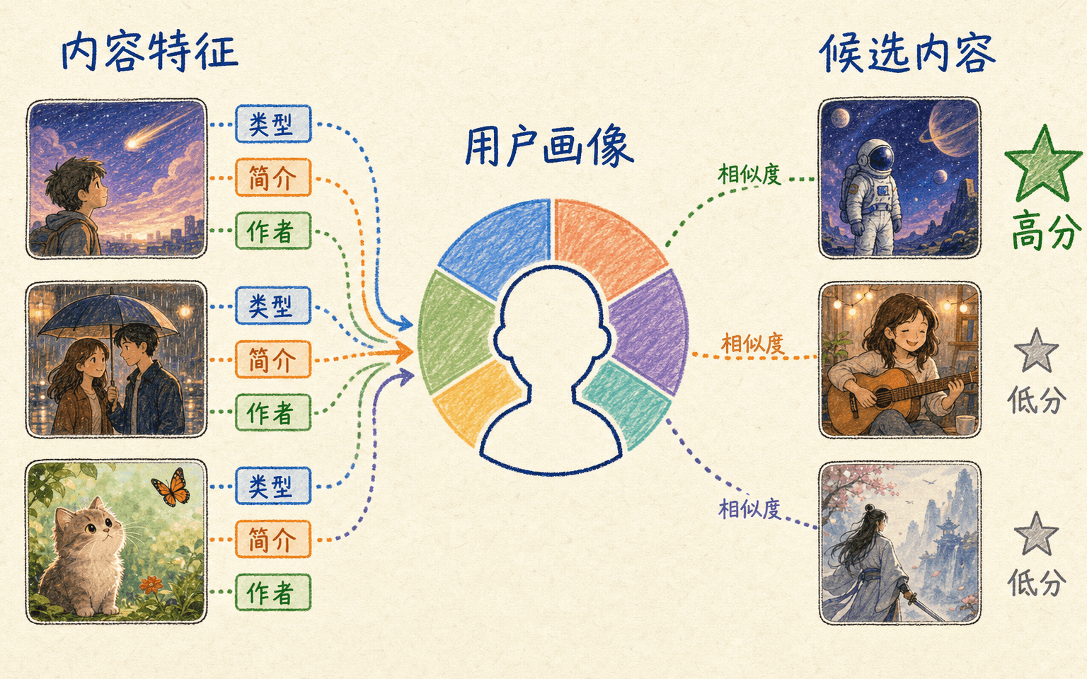 内容推荐用物品特征聚合用户画像并计算匹配分数