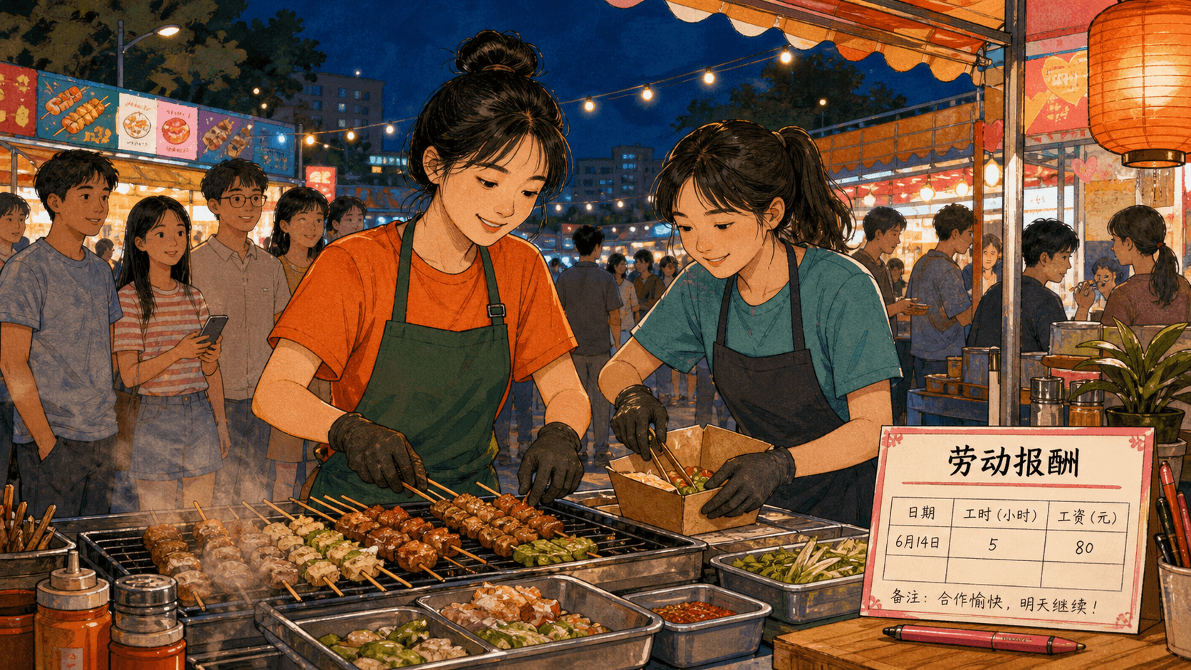 课程插图:正式与非正式规则的双层场景:公告栏上的夜市约定,与摊贩之间互相提醒、居民反馈并列呈现