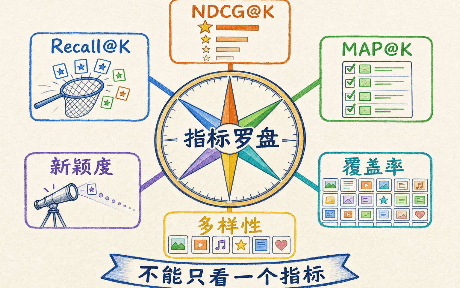 Recall、NDCG、MAP、覆盖率、多样性与新颖度组成的推荐指标罗盘