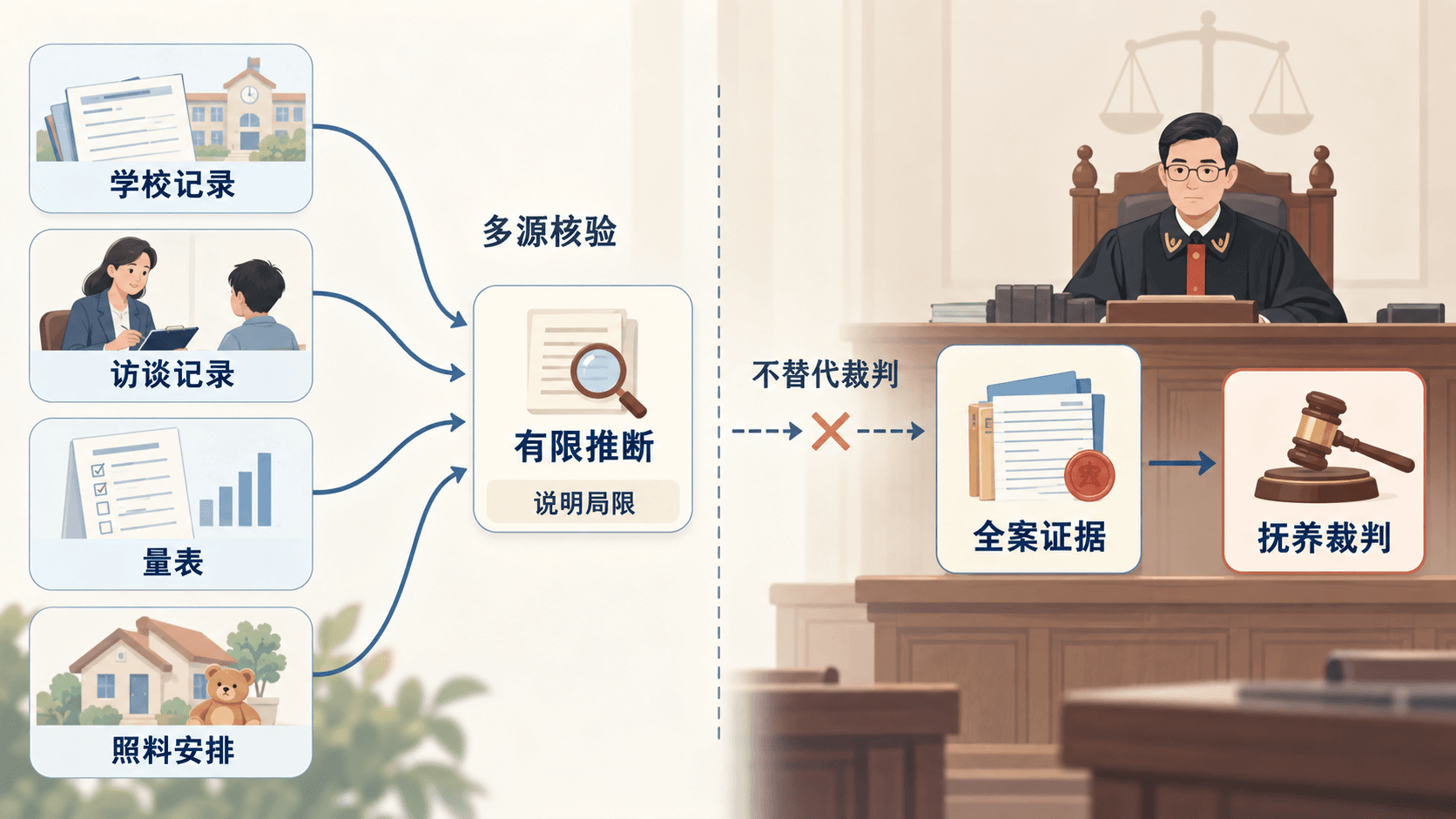 学校记录、访谈记录、量表与照料安排经多源核验形成有限推断,而全案证据由法院用于抚养裁判的示意图