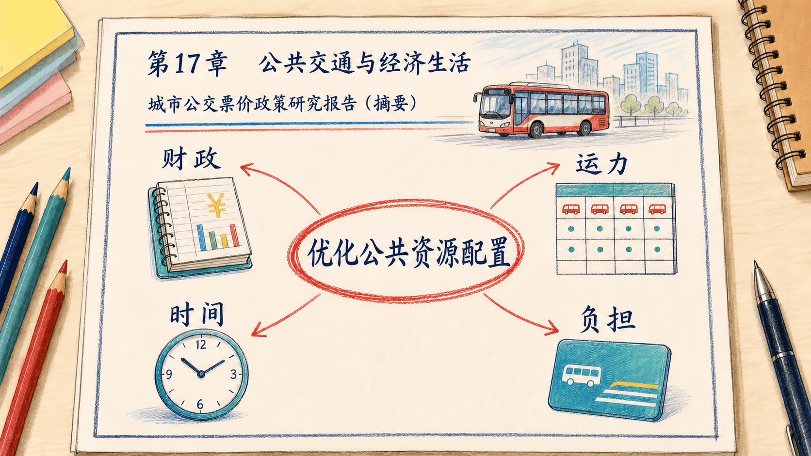 课程插图:开场位置:一份抽象政策报告的摘要页,圈出“优化公共资源配置”并以边注标示其可能指向的财政、运力、时间与可负担性
