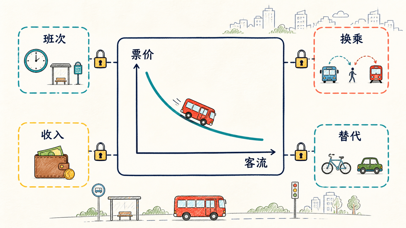 课程插图:模型段落中部:公交票价—乘坐量的简化关系图,图外以虚线标出被暂时固定的班次、换乘、收入与替代交通条件