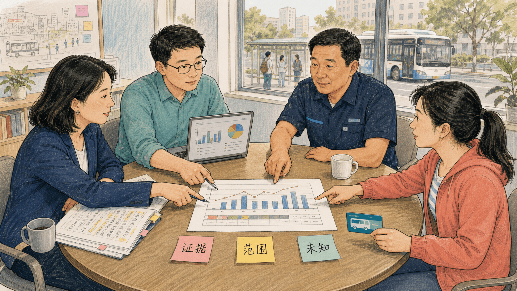 课程插图:权威讨论后:圆桌场景中并列政策撰写人、数据研究者、公交一线人员与通勤者,桌面放有同一张图表和标注“证据、范围、未知”的便签