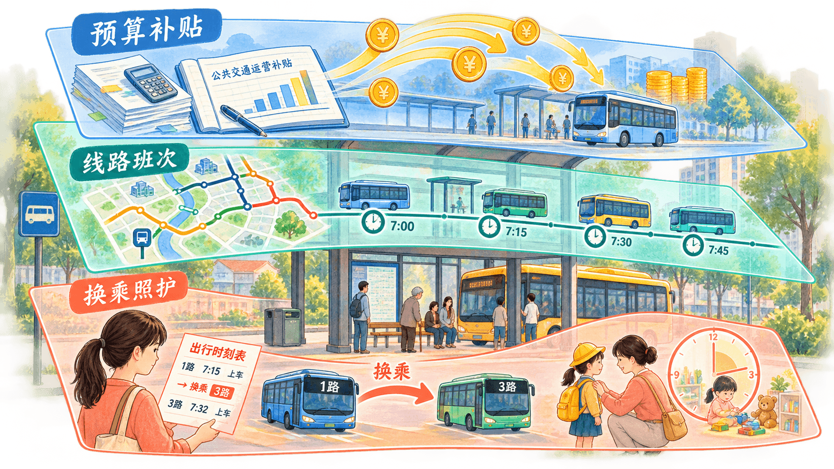课程插图:叙事与比喻段落后:同一公交站的三层透明叠图,分别标注“预算表中的补贴”“线路图中的班次”“通勤者日程中的换乘与照护时间”,表现不同叙事焦点