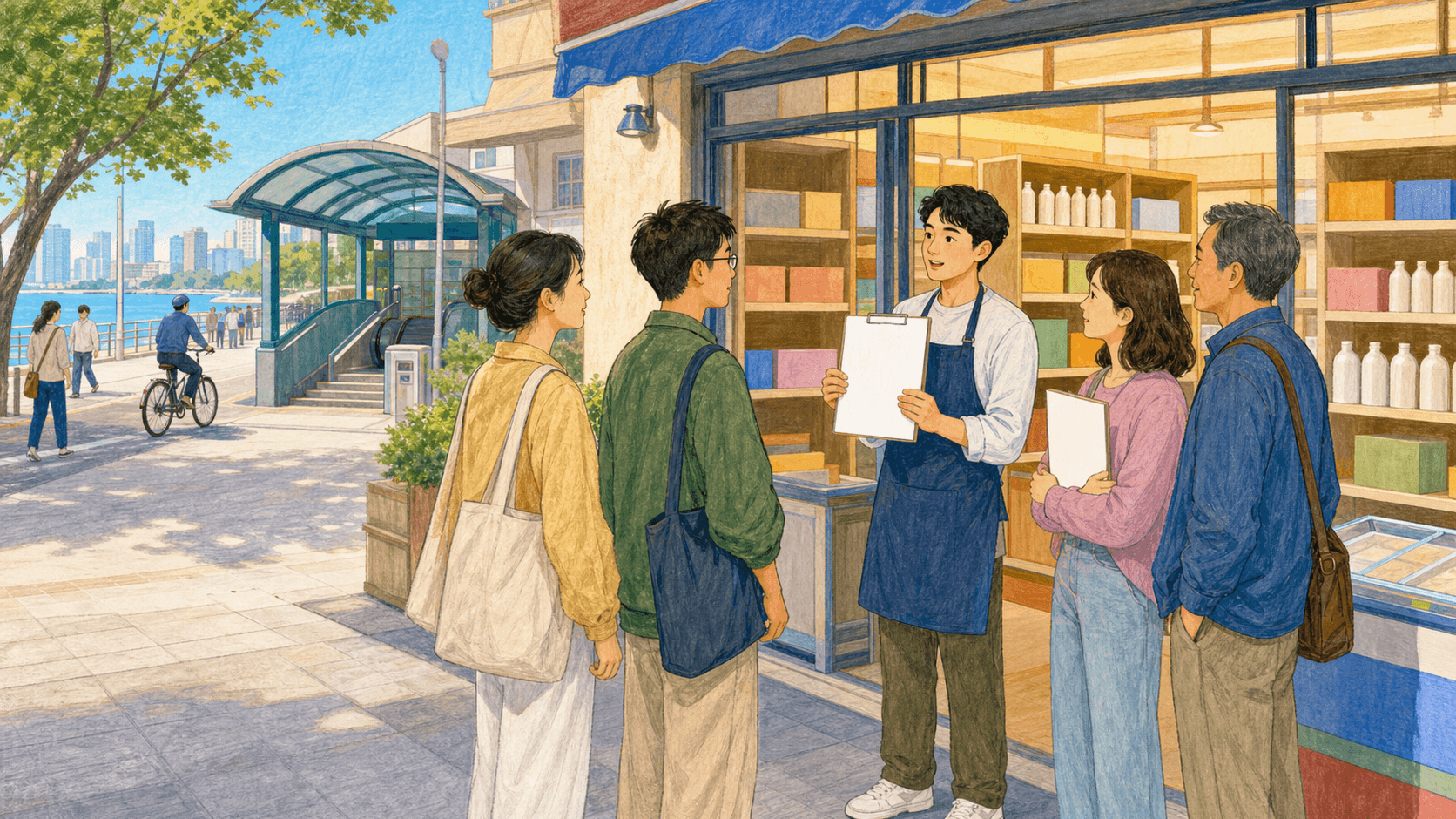 海岚市社区便利店门口,小周与多位求职者阅读清晰的招聘启事并交流岗位任务