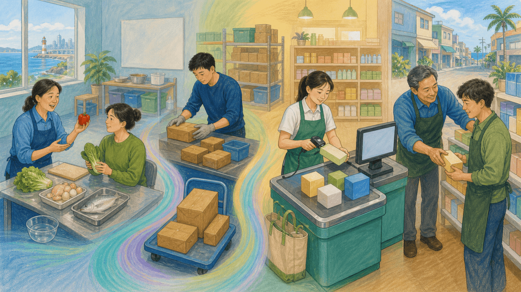 四位海岚市求职者通过课堂培训、订单分拣练习、门店带教和任务复盘积累技能