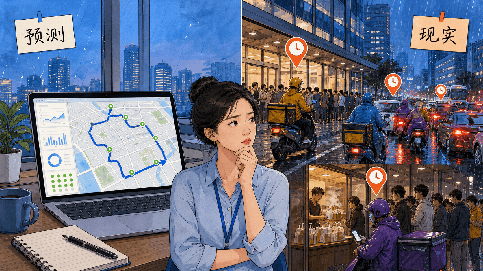 课程插图:章节开头:晚高峰配送看板与现实拥堵同时出现的对照场景,用于呈现“预测受挫”