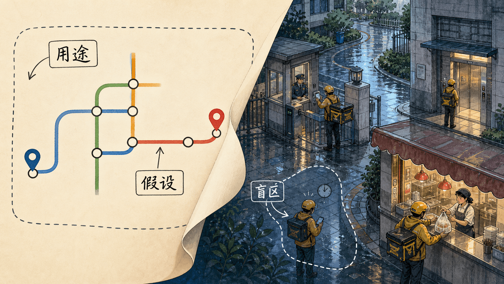 课程插图:本节后段:地铁图与城市街道的并置隐喻,旁边标注“用途、假设、盲区”,帮助理解模型的有用简化