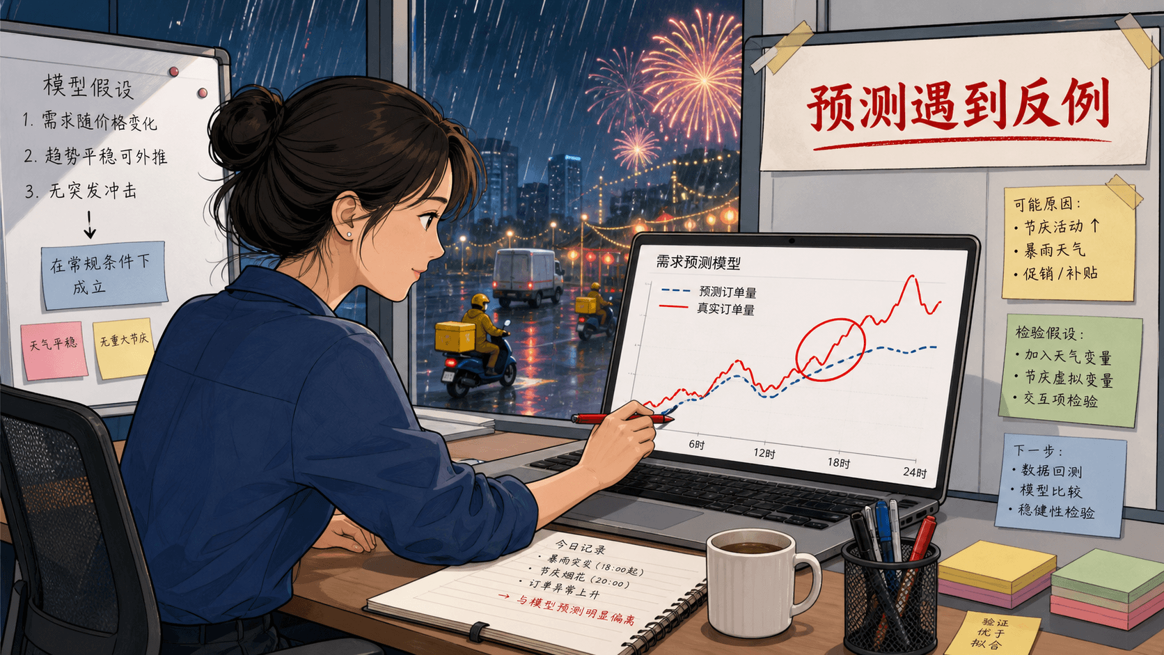 课程插图:本节中部:从降雨、订单集中、商家出餐、派单和写字楼等待到晚到的因果链图,突出中间机制与反馈