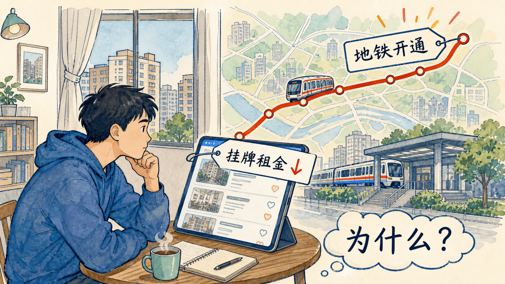 课程插图:章节开头:一名租客面对“地铁开通后挂牌租金下降”的城市租房数据与新地铁线路图,呈现现实与预测不一致的困惑