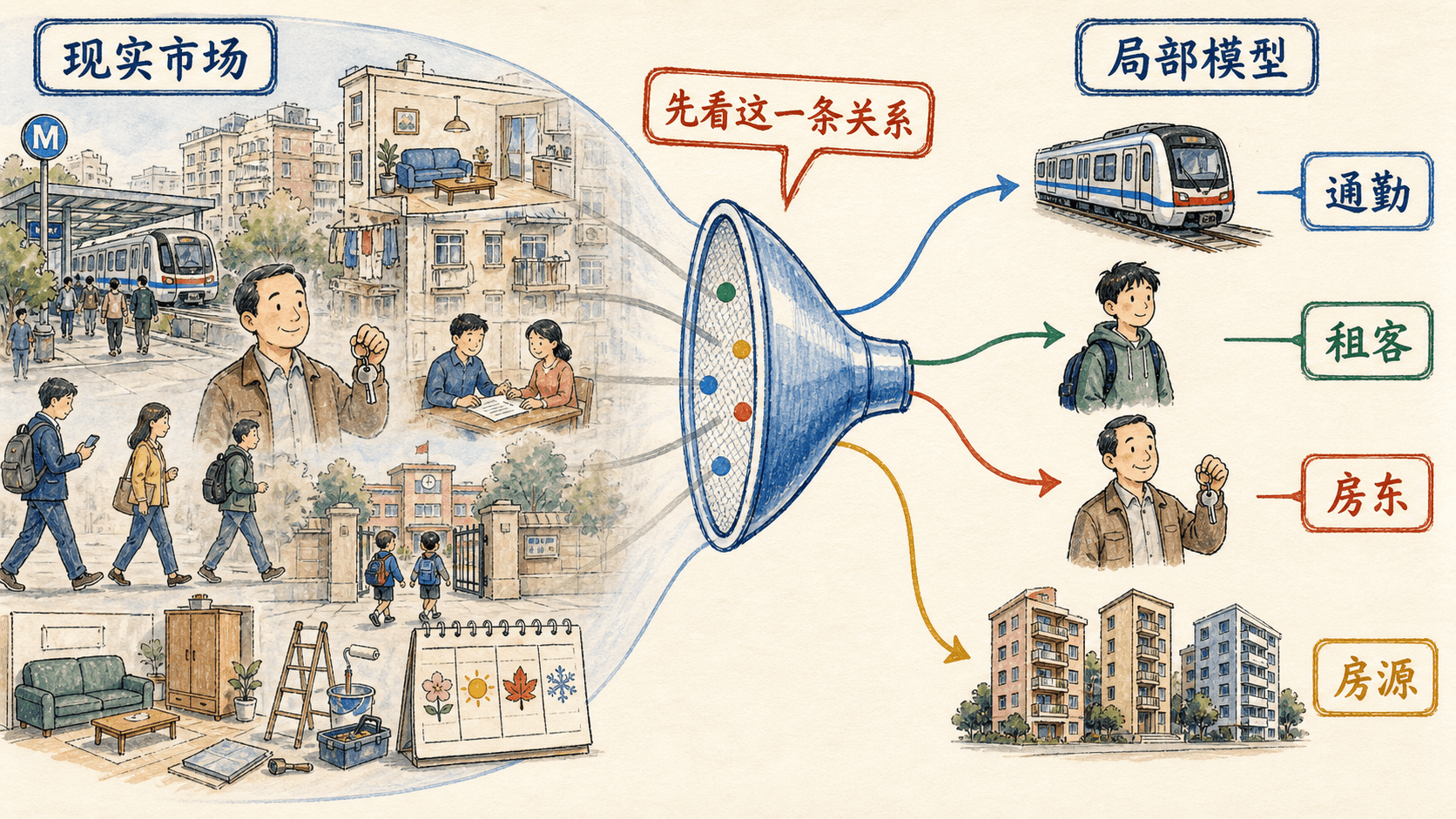 课程插图:“现实租房市场”到“局部供需模型”的简化过程:保留通勤、租客、房东与房源,淡化但不否认装修、学区、季节等因素