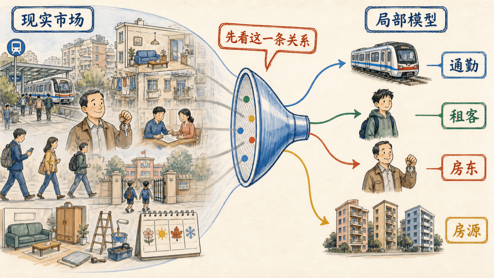 课程插图:澄河近站租房市场的供需机制示意:通勤时间下降带来需求变化,固定房源造成竞争,并标出免租期和成交速度也是调整渠道