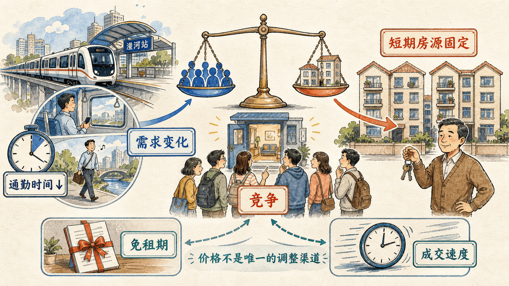 课程插图:模型迭代的分层草图:从局部供需到动态供给、子市场和制度信息,每一层只增加一个能解释偏差的机制