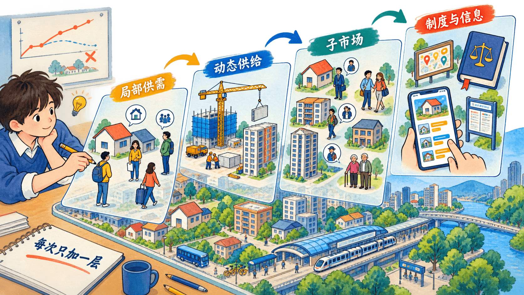 课程插图:证据与反事实示意:近站区域与相似对照区域在开通前后分别观察成交价、空置期和房源构成,突出“仅看前后对比不够”