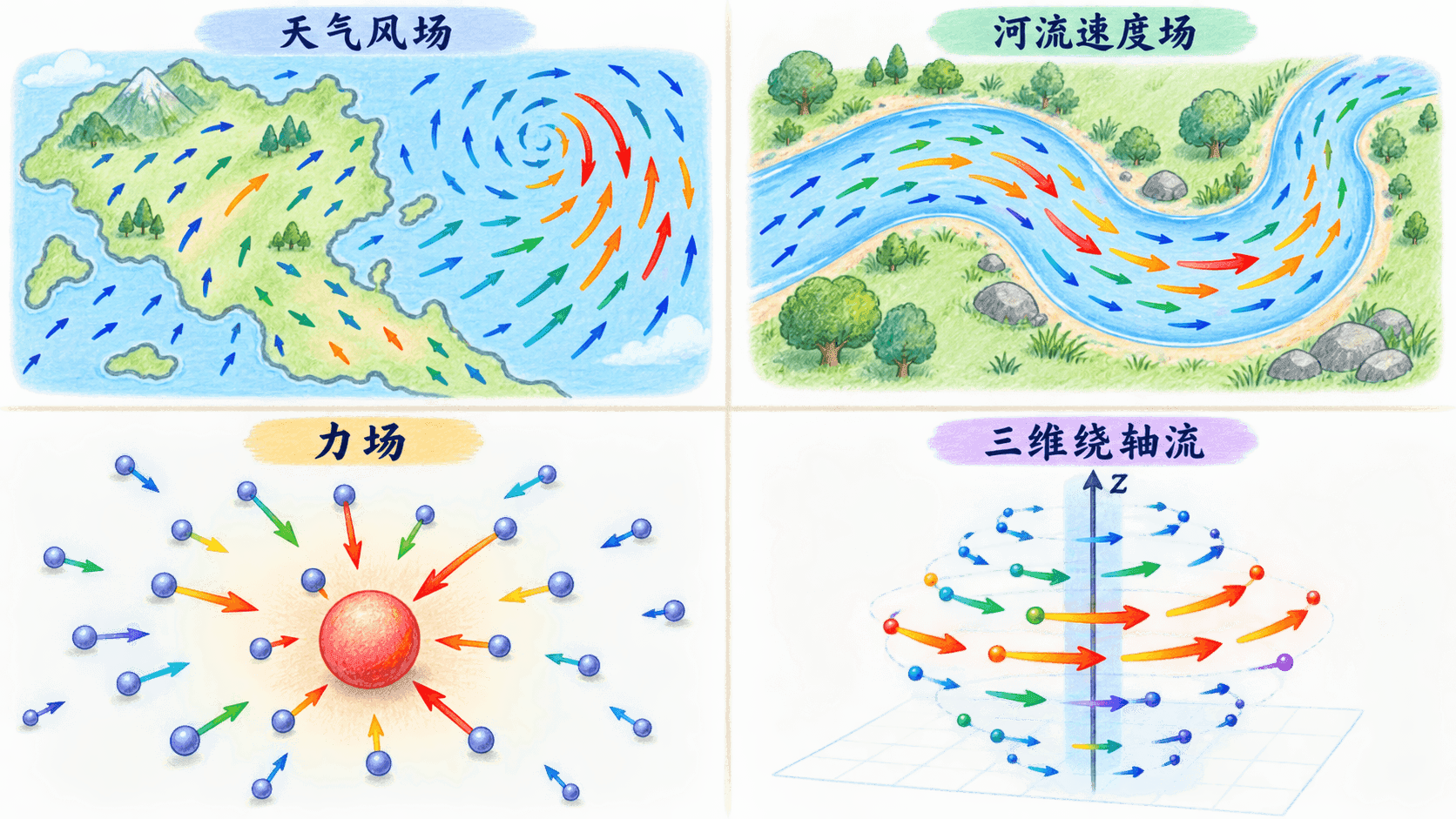 中文四宫格向量场应用图,分别展示天气地图上的风速箭头、河道中的流速箭头、单位测试物体在力场中的受力,以及绕轴旋转的三维流动。