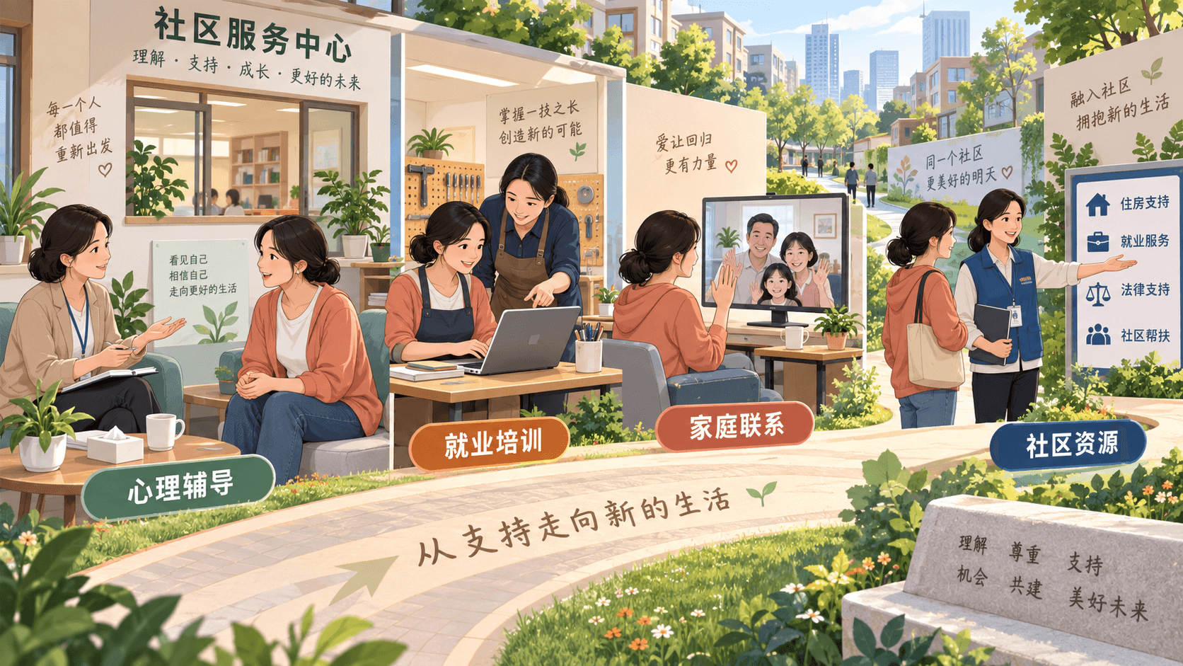 女性在心理辅导、就业培训、家庭联系和社区资源之间规划安全且可持续的回归路径