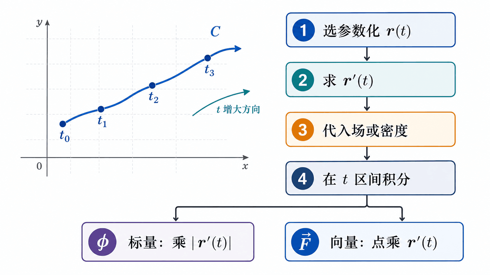 线积分计算流程图，展示曲线参数化、求导、代入场或密度，并在参数区间积分。